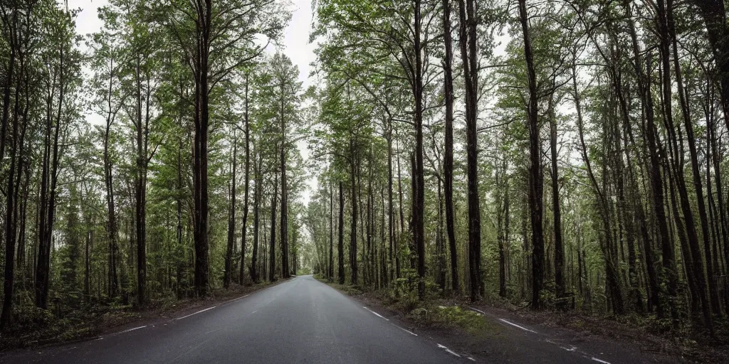 Image similar to road between tall trees, dense forest, dark night, no light