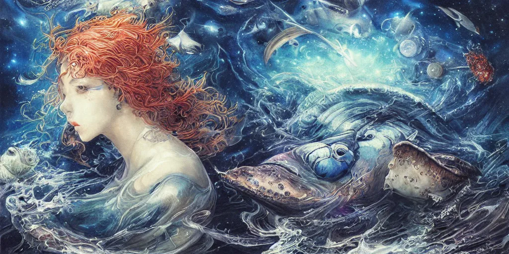 Prompt: detailed painting of aquatic animals swimming in space, whales, turtles, sting rays, colorful nebulas, planets, in the style of ayami kojima, artem demura