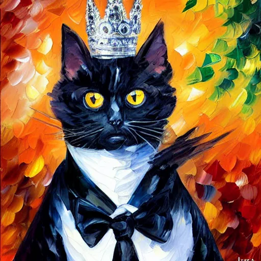 Prompt: portrait painting of a tuxedocat wearing a silver crown and necklace by Leonid Afremov