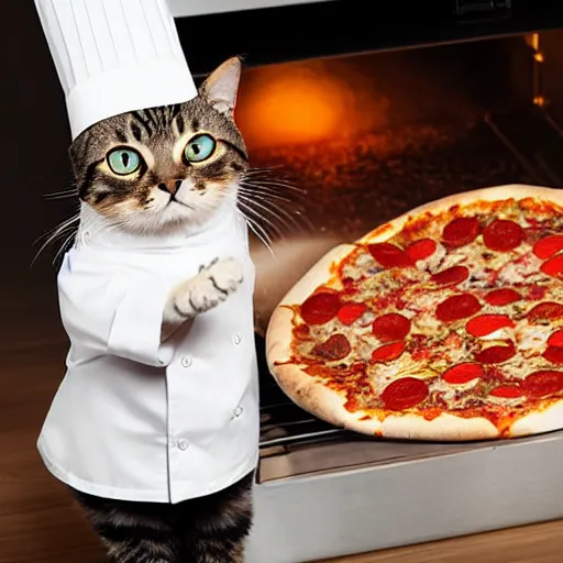 Image similar to studio photograph, a cat dressed as a chef taking a pizza out of an oven