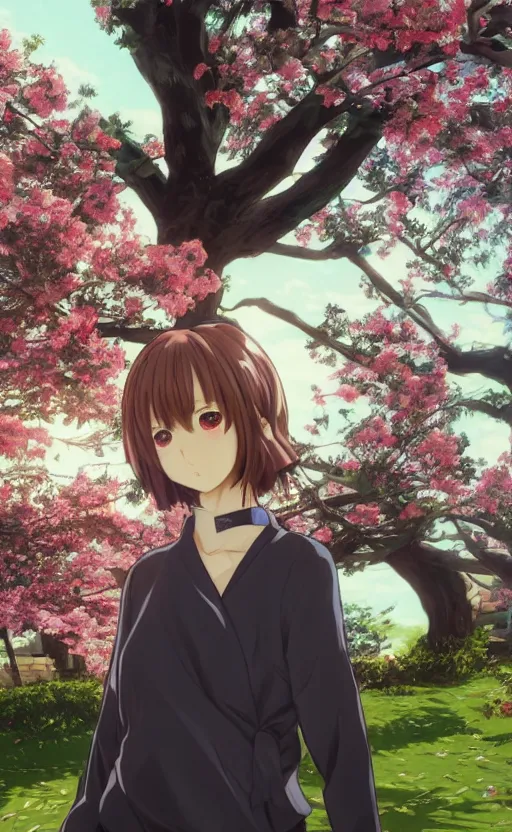 Image similar to anime style, gta 5, portrait of girl, yukata clothing, sakura tree in background, short hair, hair down, symmetrical facial features, from arknights, hyper realistic, happy face, extreme detail, 4 k drawing, safebooru, realistic lighting, by alphonse mucha, greg rutkowski, sharp focus, backlit