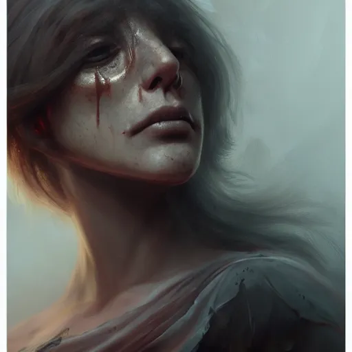 Prompt: painting of a noseless woman, sad, cry, gloomy, blood, fire, intricate, elegant, highly detailed, digital painting, artstation, concept art, matte, sharp focus, illustration, octane render, unreal engine, art by aenaluck and roberto ferri and greg rutkowski, epic fantasy, digital painting