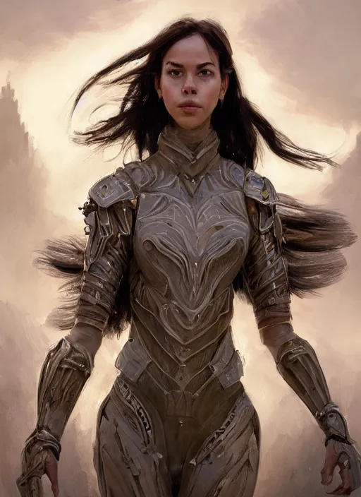 Image similar to a professional portrait of a beautiful young female, clothed in ethereal battle armor, olive skin, long dark hair, beautiful bone structure, symmetrical facial features, intricate, elegant, digital painting, concept art, smooth, sharp focus, finely detailed, illustration, from Valerian and the City of a Thousand Planets, in the style of Ruan Jia and Mandy Jurgens and Artgerm and Greg Rutkowski and William-Adolphe Bouguerea