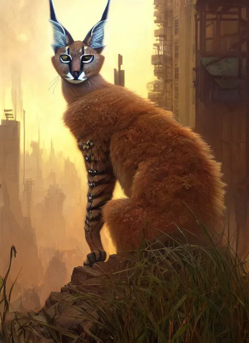 Image similar to a cute fluffy caracal, in postapocalypse city, diffuse lighting, fantasy, intricate, elegant, highly detailed, lifelike, photorealistic, digital painting, artstation, illustration, concept art, smooth, sharp focus, art by john collier and artem demura and albert aublet and krenz cushart and alphonse mucha