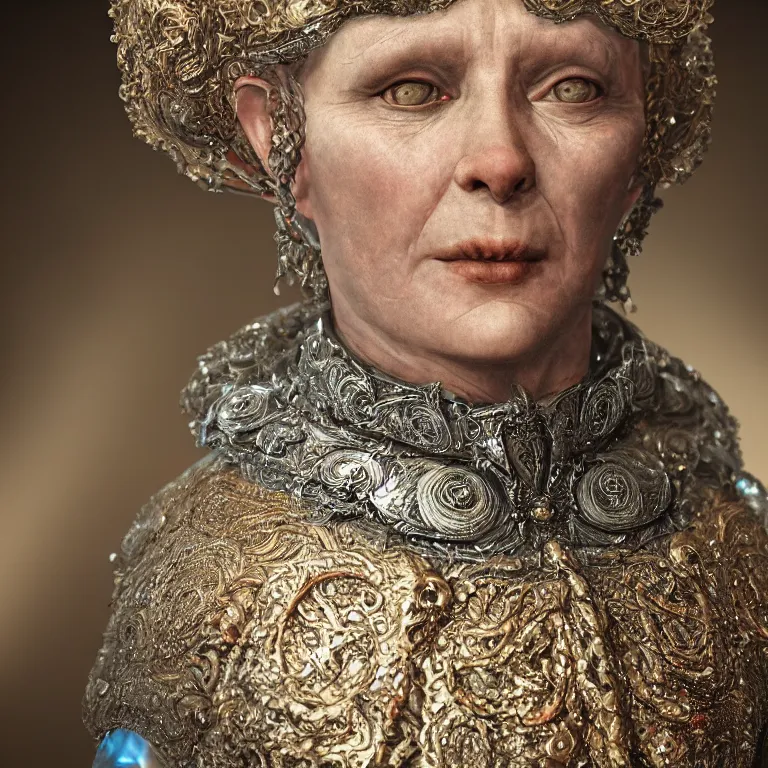 Prompt: octane render portrait by wayne barlow and carlo crivelli and glenn fabry, a 1 4 th century woman in a dramatic period dress with a giant iridescent silver shakespeare style collar, cinema 4 d, ray traced lighting, very short depth of field, bokeh