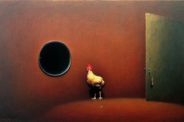 Prompt: a chicken trapped inside a mirror, beksinski, oil painting