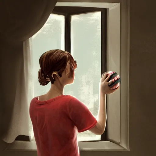 Image similar to [ old ] woman looking through a window, [ hurling a baseball ], sending it back to the neighbor's yard, trending on cgsociety, 4 k quality, mannerism, polycount still