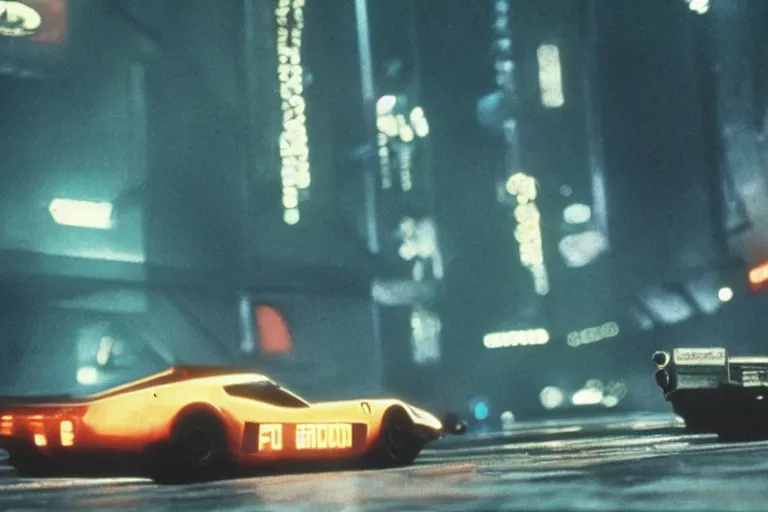 Image similar to film still of a flying Ferrari in Bladerunner, 8k,