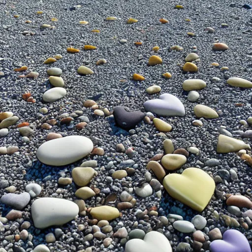 Prompt: pebble beach in a sunny day, pebbles are shaped like hearts, award winning photography, 4K