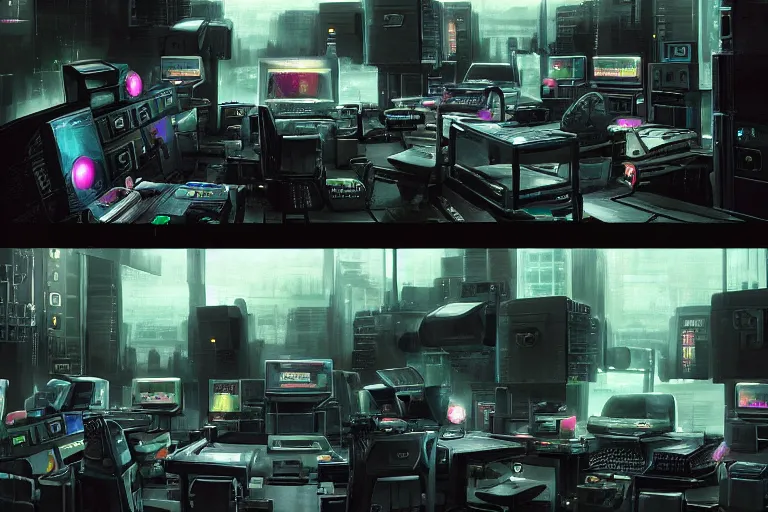 Prompt: a computer room filled with lots of monitors, cyberpunk art by ridley scott, cgsociety, retrofuturism, greeble, dystopian art, circuitry