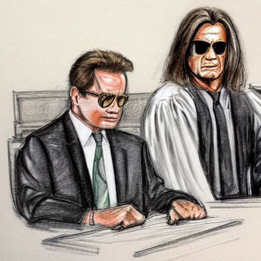 Prompt: Courtroom Sketch of Judge Ozzy Osbourne, with Arnold Schwarzenegger on trial