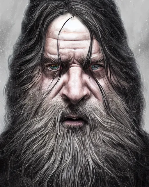 Image similar to portrait of a 6 0 - year - old giant man with long tangles of bushy black hair and beard hiding most of his face, kind eyes, wearing in black cloak, hyper realistic face, beautiful eyes, character art, art by mark brooks, hyperdetailed, cryengine, trending on artstation, digital art