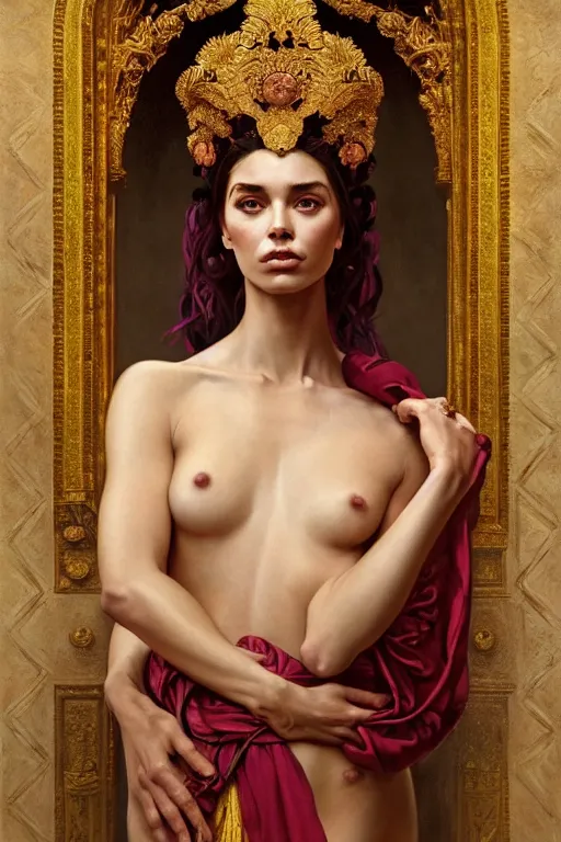 Image similar to body portrait of beautiful roman pincess wearing a flowing silk robe, wearing an ornate ancient headress, by terry o'neill intricate, elegant, highly detailed, digital painting, artstation, concept art, smooth, sharp focus, bold lighting, deep colors, dark background, illustration, art by artgerm and greg rutkowski and alphonse mucha, 8 k