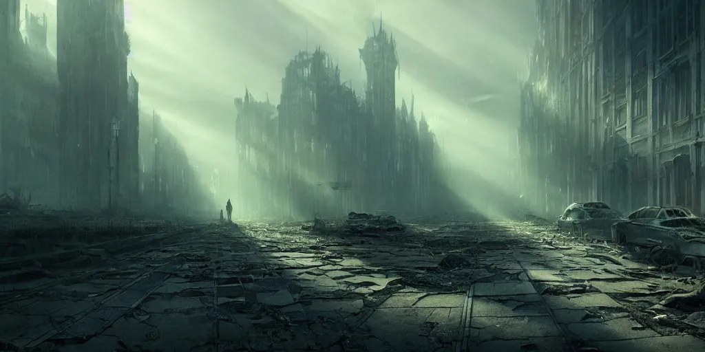 Prompt: an eerie decayed city, sad, loneliness, god rays, digital art, landscape, fantasy art, octane render, ureal engine, high detail, very realistic, by greg rutkowski. by james gurney
