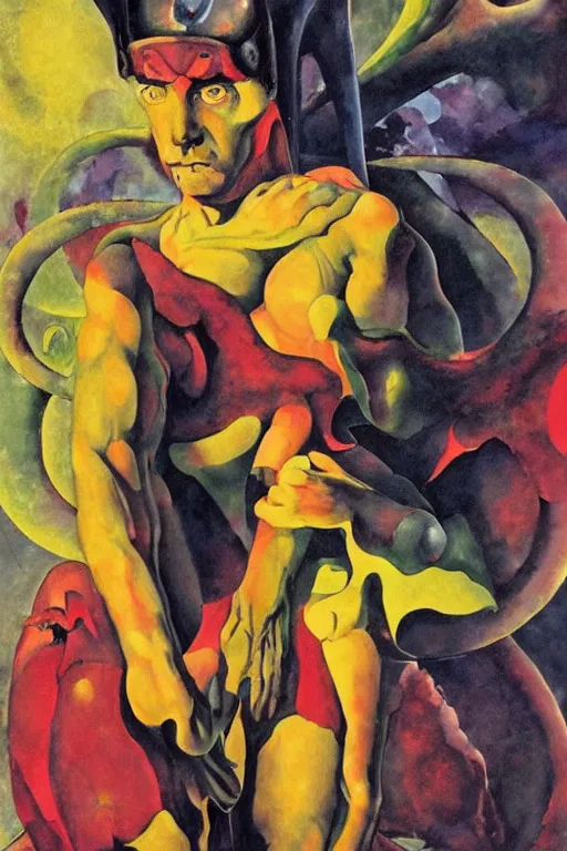 Image similar to surreal a lithe brian molko as slaanesh the prince of pleasure in a post apocalyptic hellscape, esoteric symbolism, intense emotional power, red yellow black, palette knife oil painting by peter booth, josh kirby and william blake