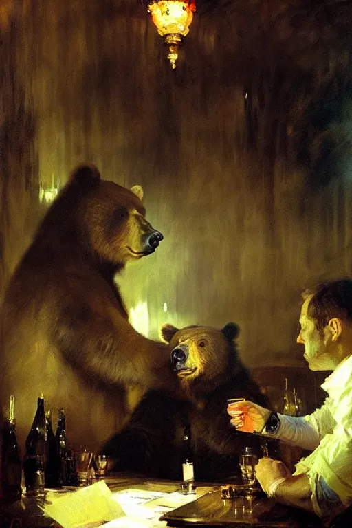 Prompt: portrait of bear gambling in the club by anders zorn, wonderful masterpiece by greg rutkowski, beautiful cinematic light, by greg manchess, jessica rossier