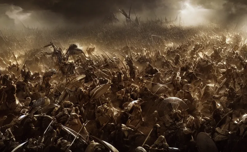 Prompt: stunning photograph of the battle of the pelennor fields, detailed, by erwin olaf, joop geesink, jim henson, brian froud, 8 k resolution, beautiful lighting, studio light, extremely detailed, establishing shot, realistic materials, hyperrealistic