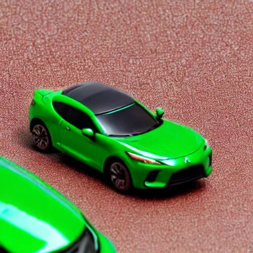 Image similar to a red haired woman driving a Jada toys mitsubishi eclipse green diecast car, high resolution macro photo, viewed through the cars window