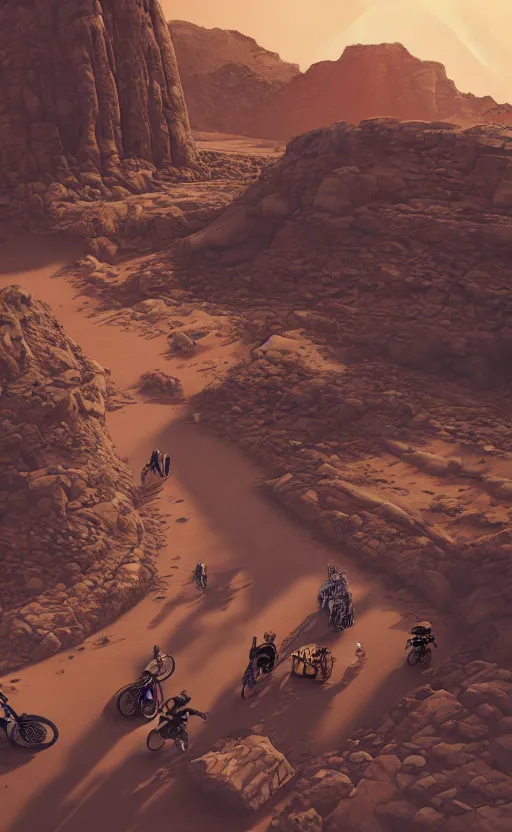 Prompt: a desert path with motorcycles and humans walking around by marcel deneuve möbius beeple