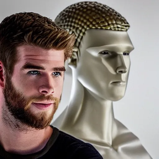 Image similar to “ a realistic detailed photo of a guy who is an attractive humanoid who is half robot and half humanoid, who is a male android, actor liam hemsworth, shiny skin, posing like a statue, blank stare, at the museum, on display ”