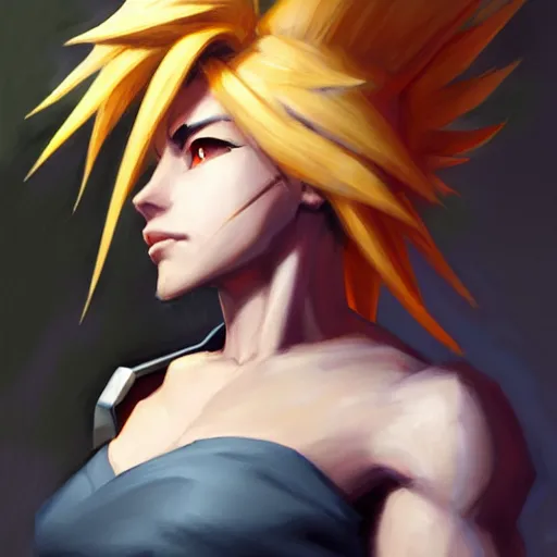 Image similar to Greg Manchess portrait painting o Cloud Strife as Overwatch character, medium shot, asymmetrical, profile picture, Organic Painting, sunny day, Matte Painting, bold shapes, hard edges, street art, trending on artstation, by Huang Guangjian and Gil Elvgren and Sachin Teng