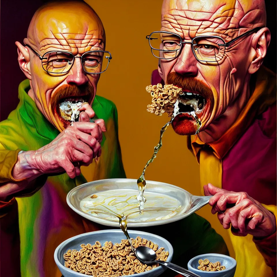 Prompt: weird and disturbing psychedelic walter white eating a bowl of cereal, laughing and puking milk, diffuse lighting, fantasy, intricate, elegant, highly detailed, lifelike, photorealistic, oil painting, illustration, concept art, smooth, sharp focus, art by francis bacon