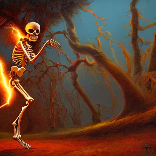 Prompt: skeleton hit by lightning strike, artwork by greg hildebrandt, dynamic lighting, 8 k, artstation