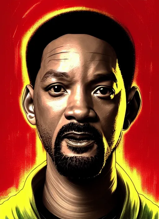 Image similar to portrait of Will Smith as a pilot character in Cyberpunk 2077, looking at camera, intricate, dystopian, sci-fi, extremely detailed, digital painting, artstation, concept art, smooth, sharp focus, illustration, intimidating lighting, incredible art by artgerm and greg rutkowski and alphonse mucha and simon stalenhag