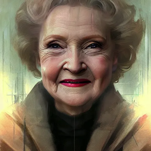 Image similar to betty white, hyperrealistic portrait, bladerunner street, art of elysium by jeremy mann and alphonse mucha, fantasy art, photo realistic, dynamic lighting, artstation, poster, volumetric lighting, very detailed face, 4 k, award winning