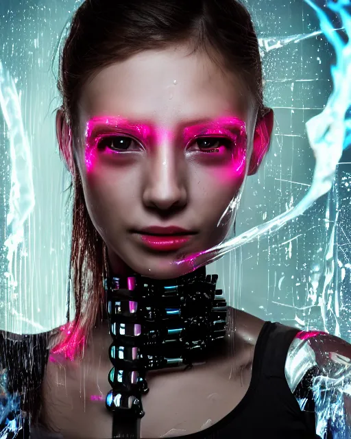 Image similar to portrait photo of female dancer as a cyberpunk mecha humanoid robotic head shoulder parts with straight bright led lights, wet skin with water dripping down face, ultra - realistic and detailed, 8 k hdr