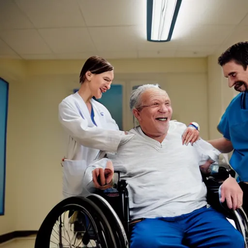 Image similar to a male patient in a wheelchair in the hospital with his wife and son standing by. happy, cheerful, smiling, intricate, sharp focus, cinematic lighting, 8 k, art by emiliya lane, margaret dyer