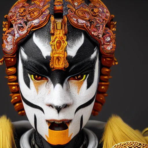 Image similar to portrait of a Kyoshi Warrior in full facepaint, digital art, highly detailed, concept art, intricate, sharp focus, Trending on Artstation HQ, unreal engine 5, 4K UHD image