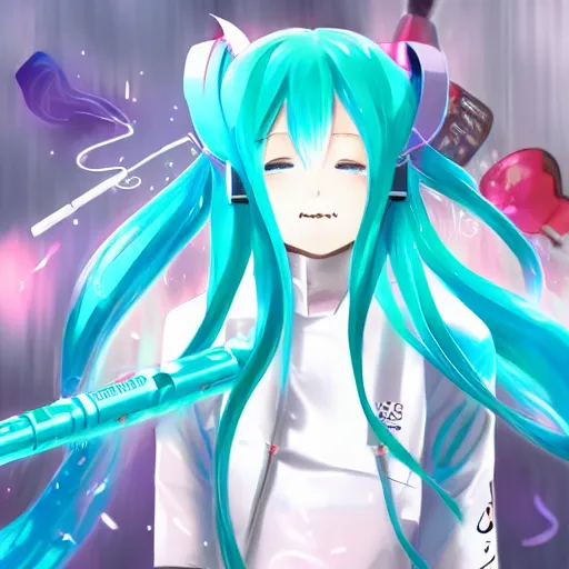 Image similar to hatsune miku high on weed with bloodshot eyes smoking with a vape pen, artstation, 4 k