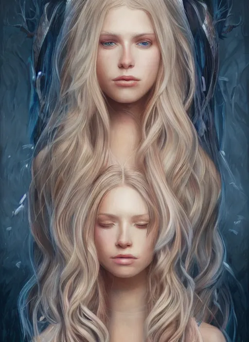 Image similar to a painting of a woman with long blonde hair, a photorealistic painting by magali villeneuve, featured on cgsociety, fantasy art, detailed painting, photorealistic