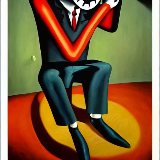 Prompt: laughing evil mastermind, human subjugation, mind control, dystopian, pj crook, edward hopper, oil on canvas