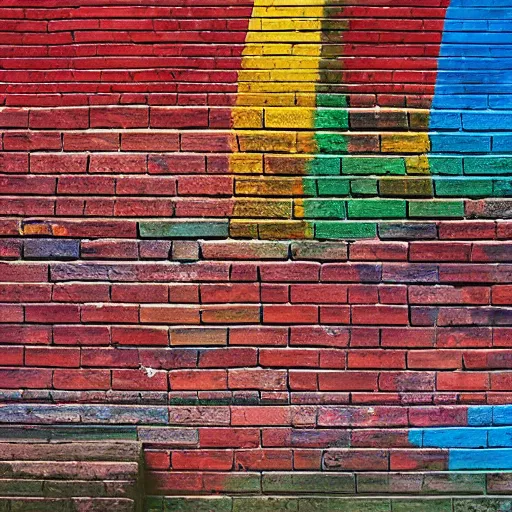 Prompt: a brick wall with rainbow coloured bricks