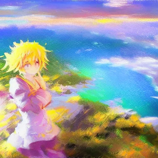 Prompt: Very abstract impressionist painting of Kirisame Marisa from the Touhou project on a cliff looking calmly at the sea, wide strokes, pastel colors, touhou project official artwork, danbooru, oil painting by Antoine Blanchard, wide strokes, pastel colors, soft lighting sold at an auction