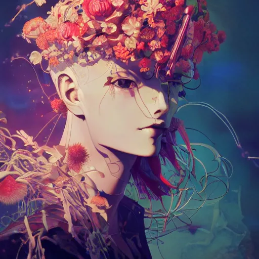 Image similar to surreal gouache painting, by yoshitaka amano, by ruan jia, by conrad roset, by Kilian Eng, by good smile company, detailed anime 3d render of a mechanical android head with flowers growing out, portrait, cgsociety, artstation, modular patterned mechanical costume and headpiece, retrowave atmosphere