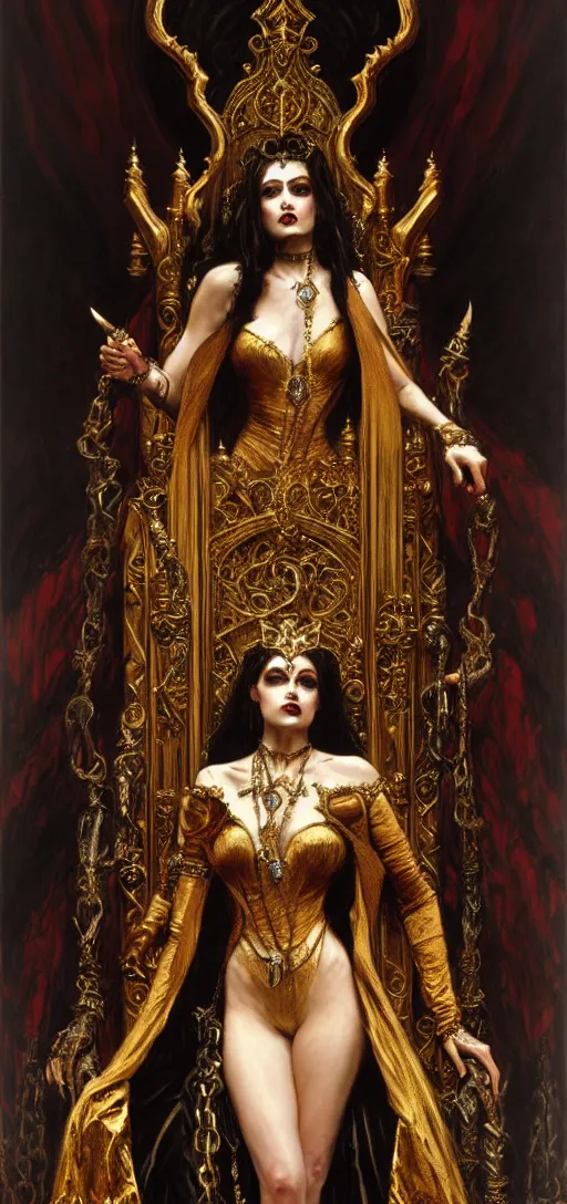 Image similar to full body portrait of beautiful vampire queen in gold gothic robes sitting on a throne of bones, elegant, highly detailed painting by gaston bussiere, craig mullins, j. c. leyendecker, 8 k, mid shot