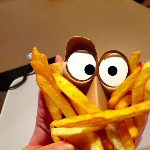 Image similar to photo of [ a single salted french fry chip ] shaped like that looks like stephen fry as a pixar character hybrid intercross mix cinematic lighting