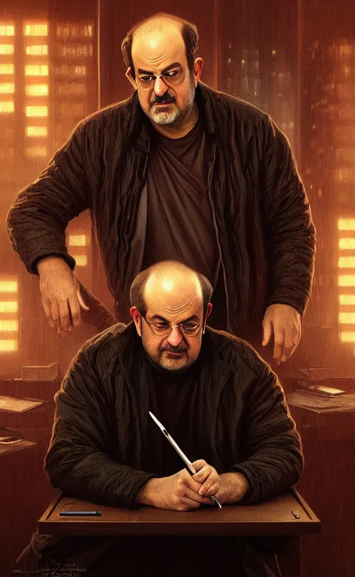 Image similar to portrait of salman rushdie writing in the dark, deep focus, blade runner 2 0 4 9, fantasy, intricate, elegant, highly detailed, digital painting, artstation, concept art, matte, sharp focus, illustration, art by artgerm and greg rutkowski and alphonse mucha