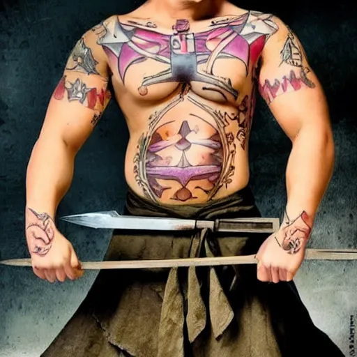 Image similar to muscular bald man, sword in hands, tattooed body, HD, anime,