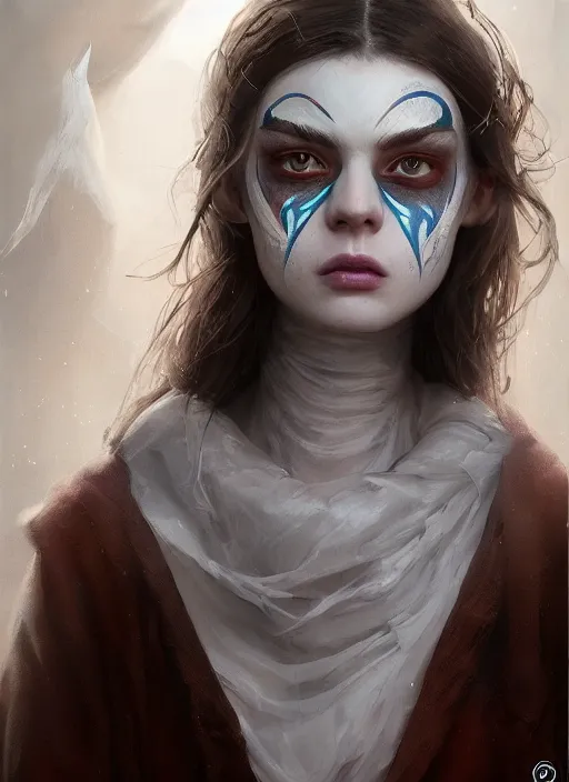 Image similar to portrait of beautiful girl with full pouty lips, skeksis, white face paint, bandaged nose, striking eyes, fullbody, insanely detailed, procedural rendering, greg rutkowski, charlie bowater, yuumei, yanjun cheng, unreal 5, daz, hyperrealistic, octane render, rpg portrait, dynamic lighting, fantasy art, beautiful face