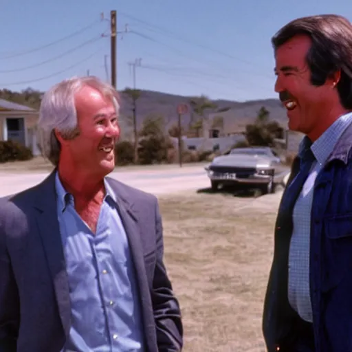 Image similar to kevin tighe with randy mantooth, laughing as they set a car on fire