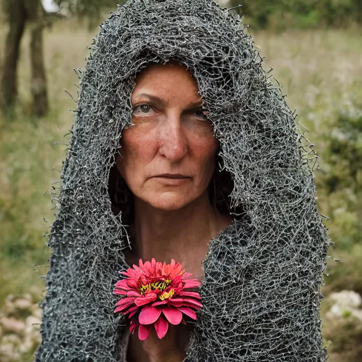 Prompt: a closeup portrait of a woman wearing a hooded cloak made of zinnias and barbed wire, in a derelict house, by Helen Warner, natural light, detailed face, CANON Eos C300, ƒ1.8, 35mm, 8K, medium-format print