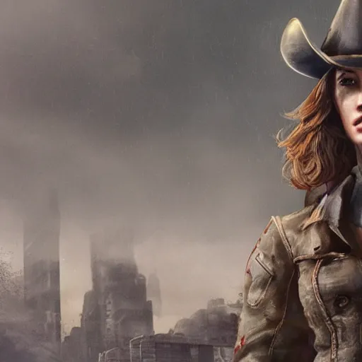 Prompt: fallout 5, charismatic beautiful, rugged, brunette female protagonist wearing a cowboy - hat, portrait, outdoors ruined cityscape, atmospheric lighting, painted, intricate, volumetric lighting, beautiful, foggy, daytime, slight overcast weather, sharp focus, deep colours, ultra detailed, by leesha hannigan, ross tran, thierry doizon, kai carpenter, ignacio fernandez rios