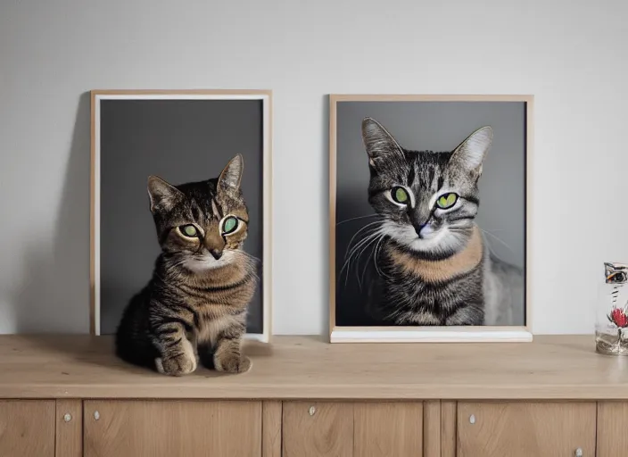 Image similar to photography of a Cat sitting on a box. in a room full of posters, photorealistic, raining award winning photo, 100mm, sharp, high res