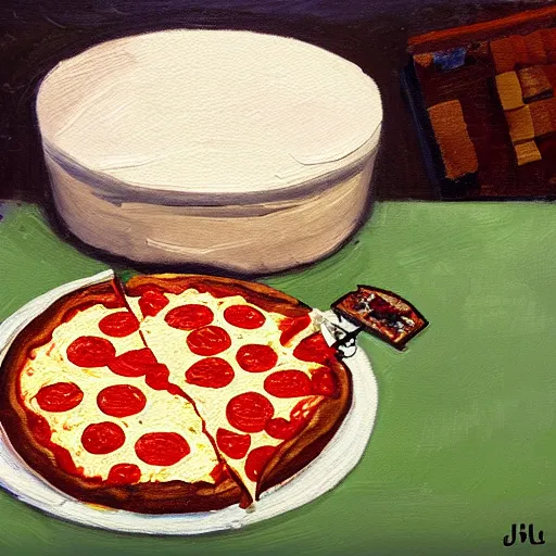 Prompt: a jug of moonshine and pizza sitting on top of a bowl of cereal in minecraft, oil painting