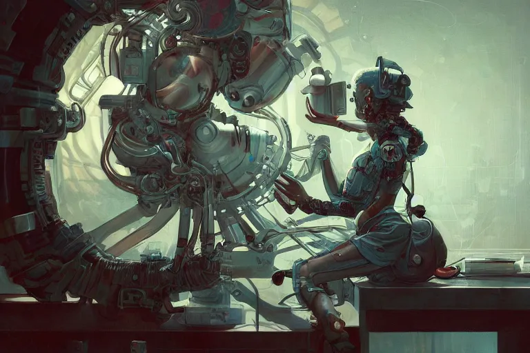 Prompt: hyperrealistic photography of a machine entering a female host in the style of Jin Kagetsu, James Jean and wlop, highly detailed, sharp focus, intricate concept art, digital painting, ambient lighting, 4k, artstation