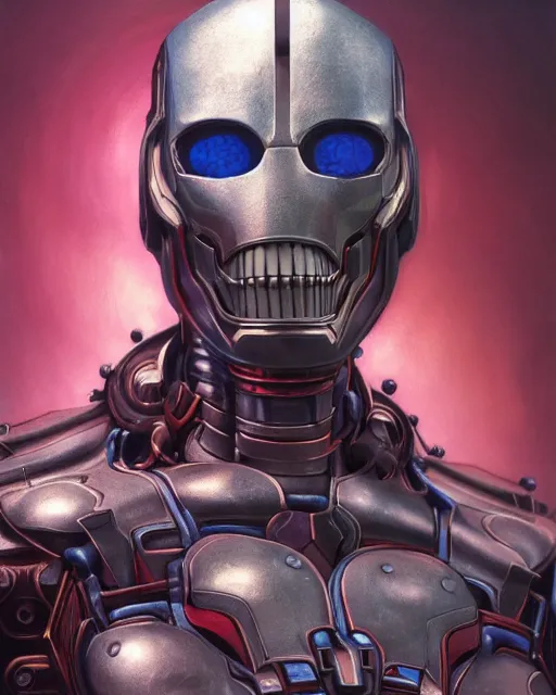 Prompt: portrait of an ammolite ultron from age of ultron, clockwork steampunk, dieselpunk, head and chest only, by beksinski, 4 k, deviantart, 3 d unreal engine, trending on artstation